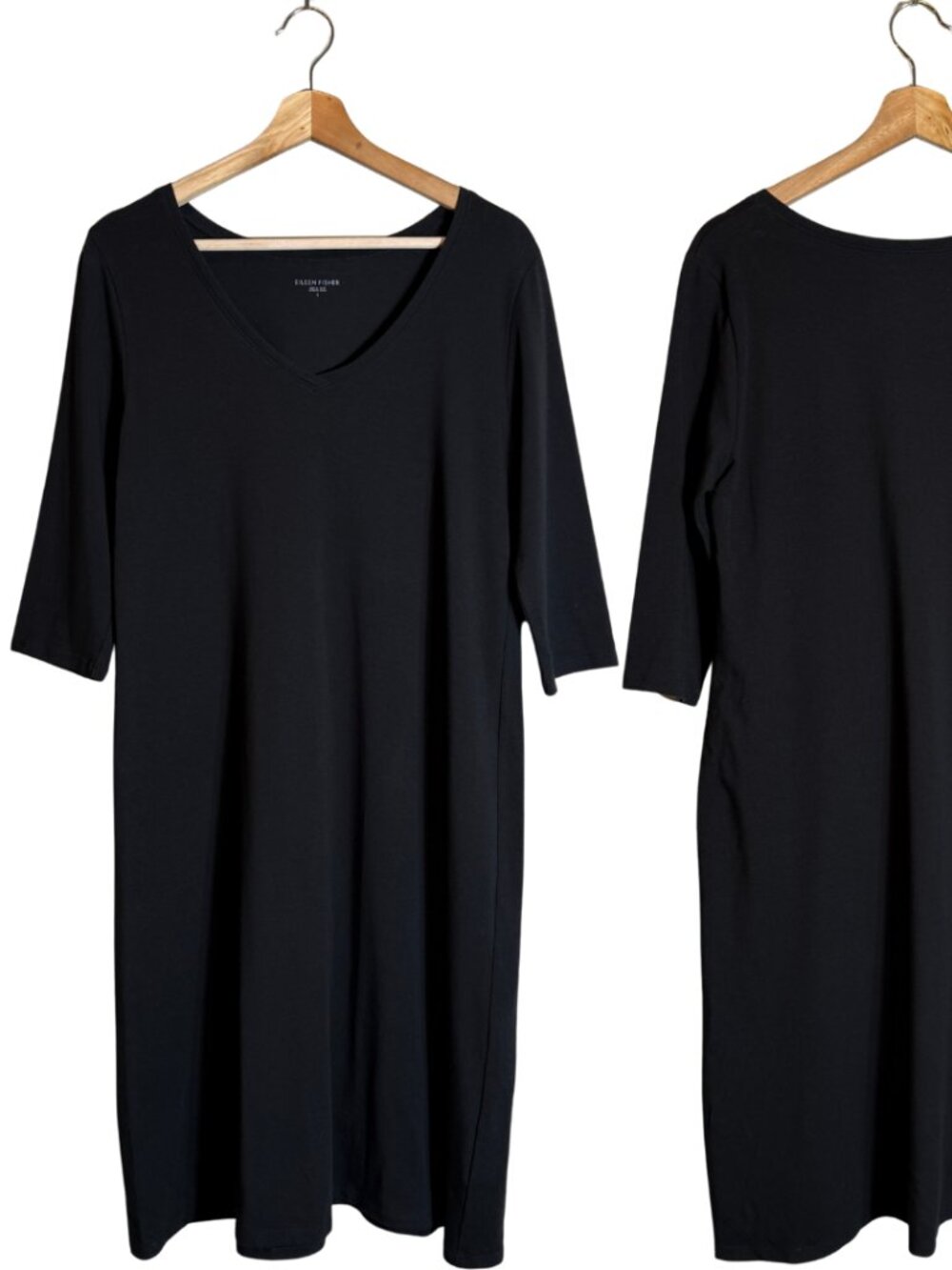 Eileen Fisher V-Neck Organic Cotton Knee Length Dress Women's Small Black NWOT